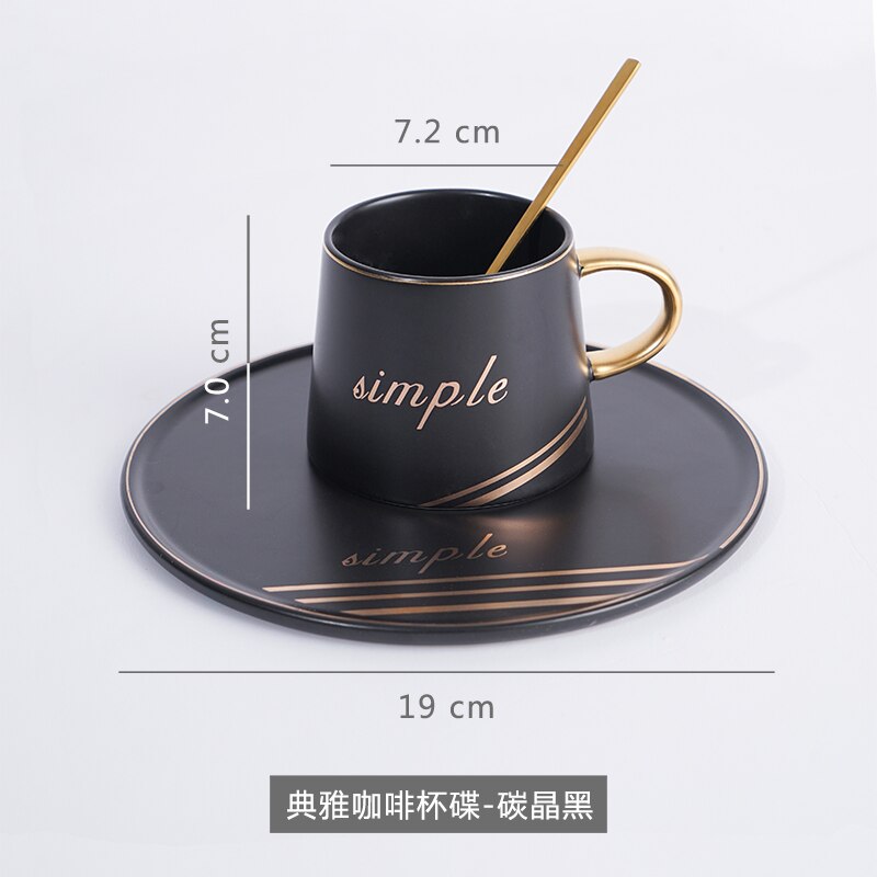 Gouden Rand Luxe Keramische Kantoor Koffie Kop En Schotel Set Melk Thee Mokken Verjaardag Koppels Vrienden Cup Met Lepel geschenkdoos: New black