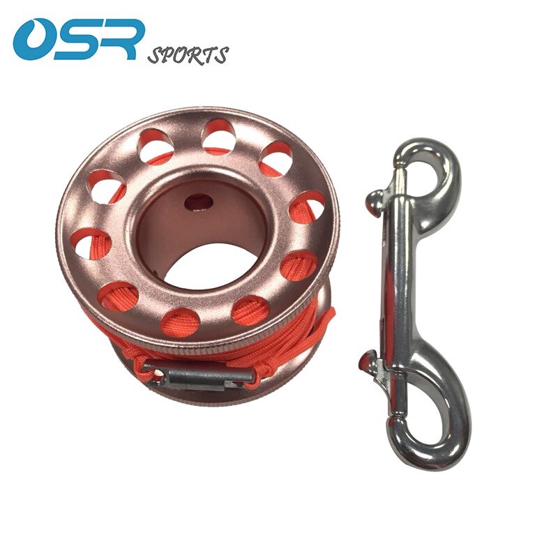 Duiken Aluminium Reel met 30m orange platte touw met 90mm 316 rvs double end karabijnhaak en twist protector: Rose Golden