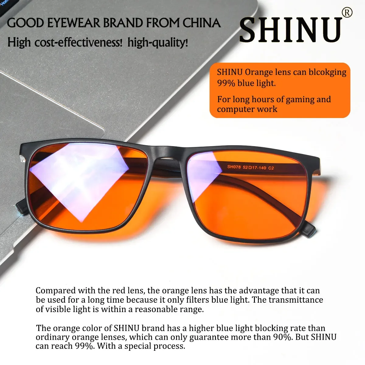 Óculos bloqueadores de luz azul SHINU com lentes vermelhas protegem seus olhos de tensão digital Óculos de bom sono Homens Lente de olho vermelho: Vermelho