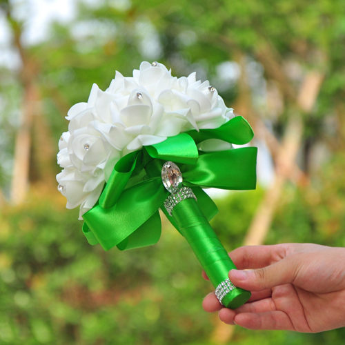 Romantisk bryllupsbuket brudepige bryllupsdekoration skum blomster rose brude buket hvid satin bedrift blomster: Grøn