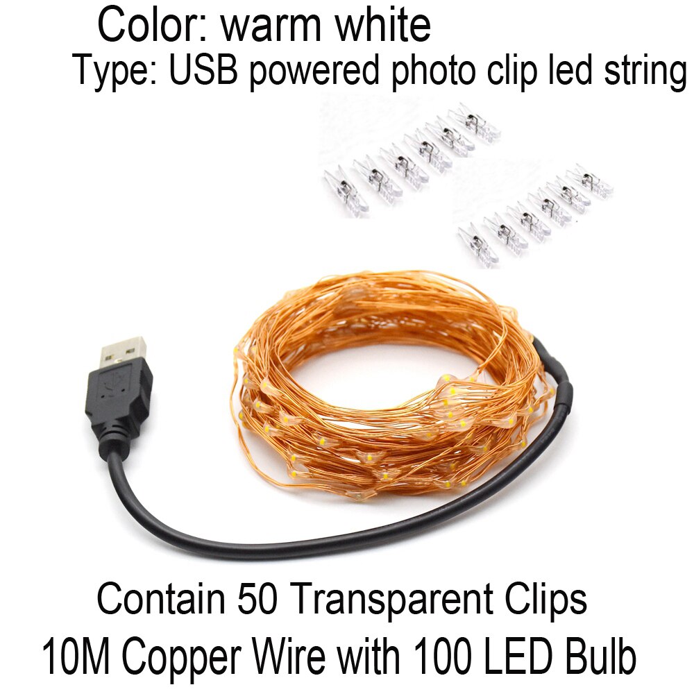 Guirnalda de luces LED con Clip para fotos, 50 luces LED de hadas, 50 Clips para colgar fotos, decoraciones de boda y pared de dormitorio: 10m USB - 50clips