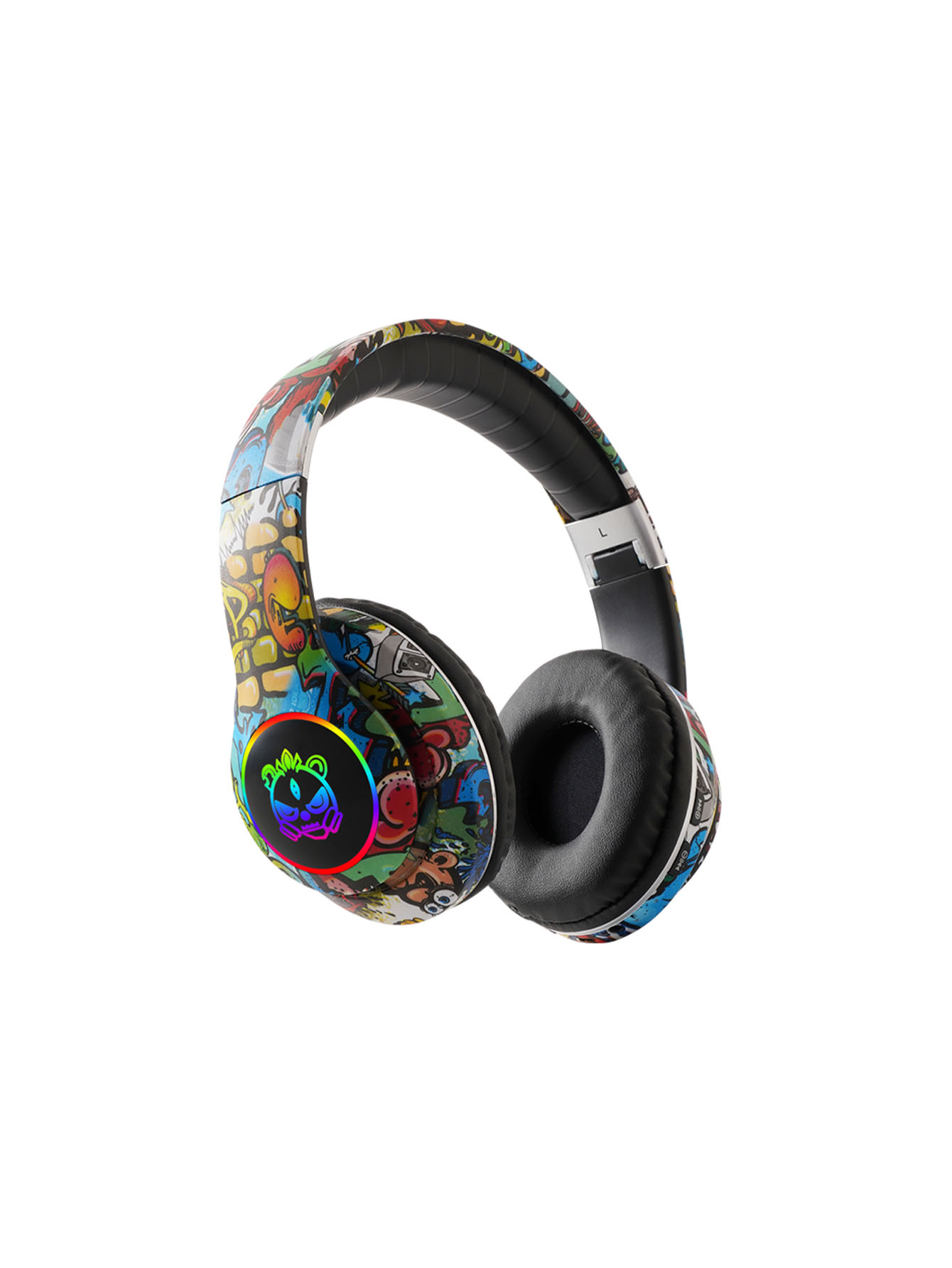 Moda dobrável fone de ouvido bluetooth, design graffiti, botão conveniente integrado, luzes de cor legal fone de ouvido bluetooth