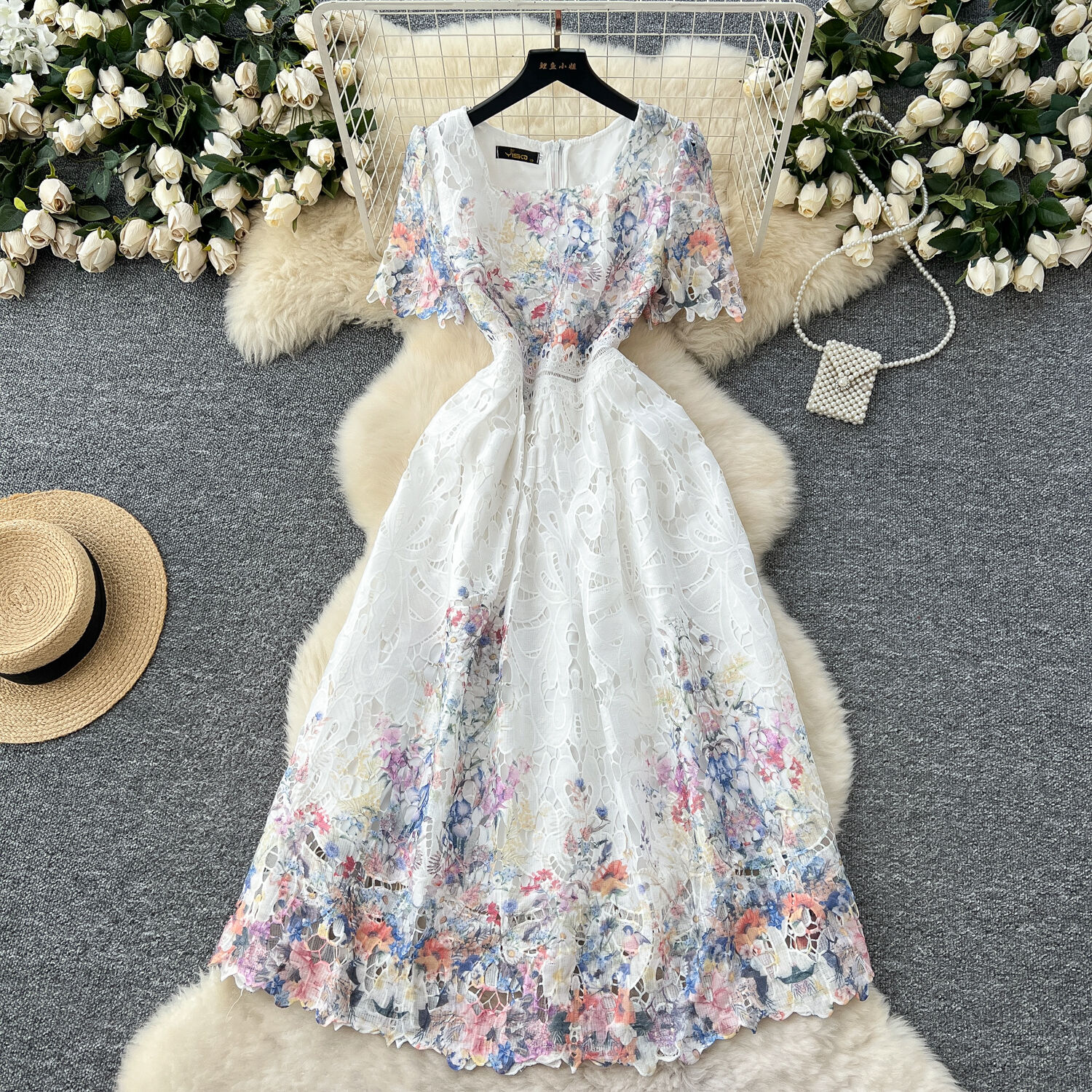 Blomsterbroderi udhulet blonde aftenkjoler kvinder sommer korte ærmer prinsesse retro midi lang festkjole gradient: S / Lilla