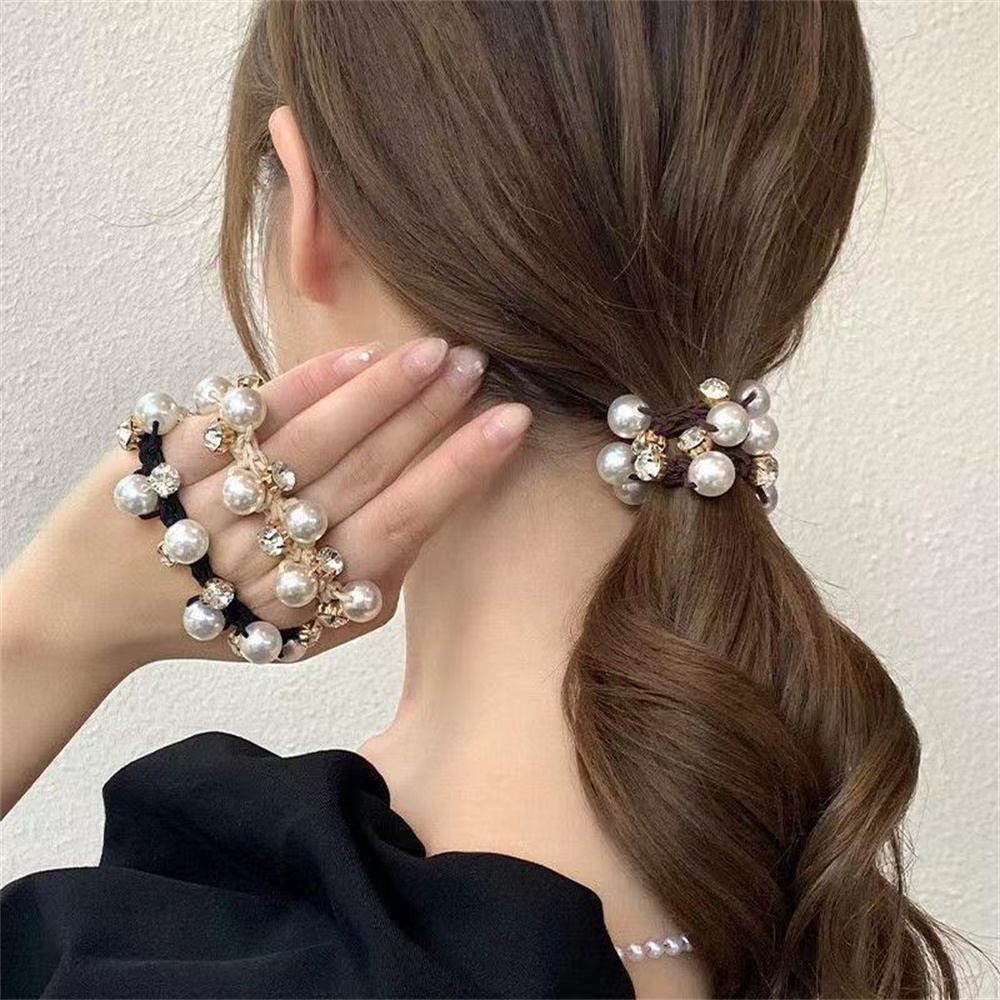 Anillo de pelo de perla para mujer, tocado de intestino de perla de terciopelo negro, diamantes de imitación brillantes para niña, accesorios para el cabello