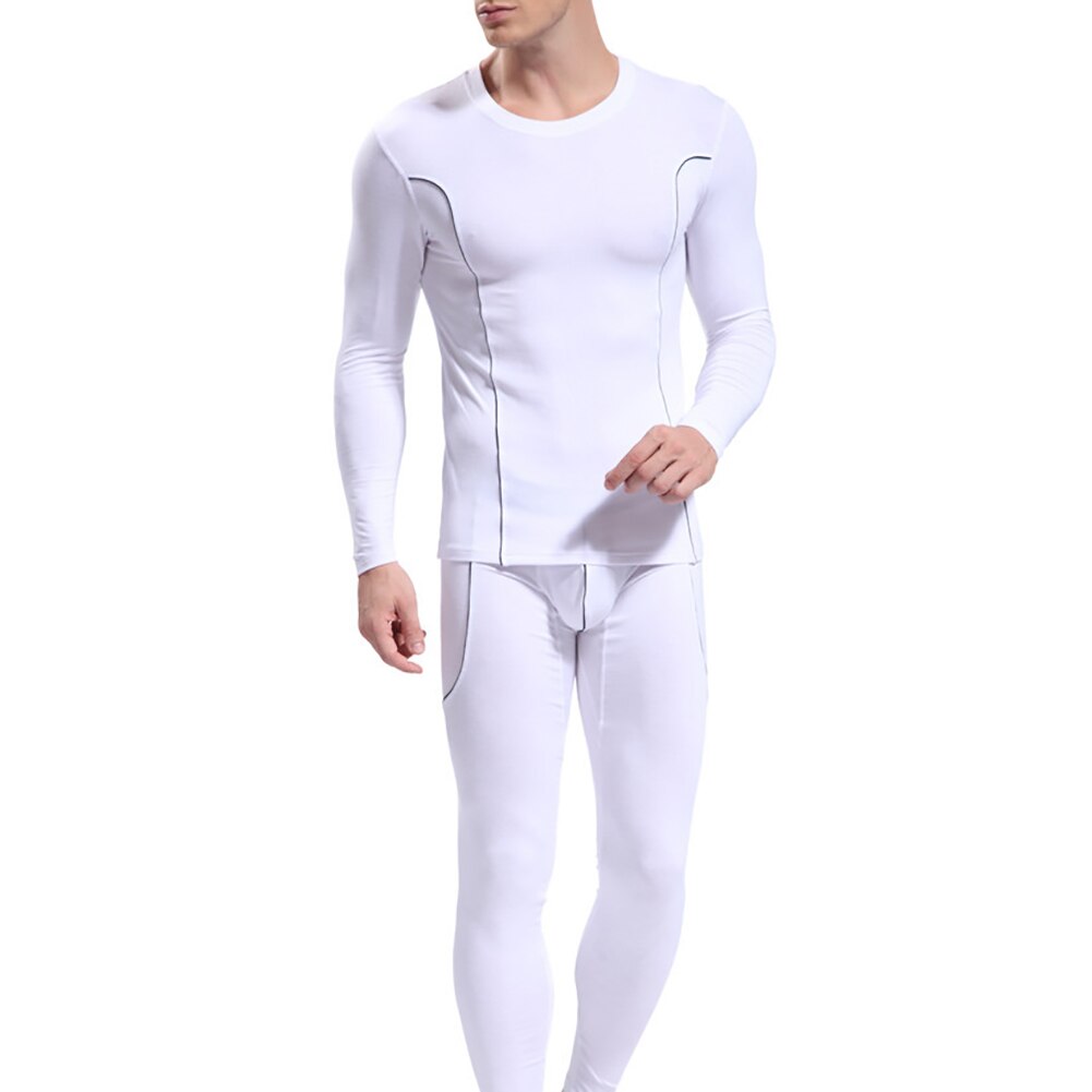 Men Stripe Pattern Long Sleeve Thermal Underwear Slim Top Pants Sets for Men Winter Clothing Men: White / L