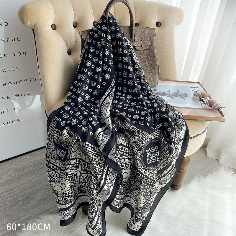 Frauen Seide Schals Sommer Sonnenschein Strand Schal Weibliche 60*180cm die Seide wickelt Kopf Hijab Dame Halstuch Weichen Satin- schals Foulard: ZSD-6-Schwarz