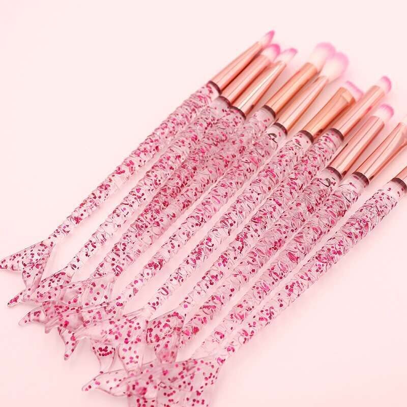 Juego de brochas de maquillaje de sirena rosa, 10 Uds., brocha para base de ojos y colorete, pincel para labios, Kits de diamantes de cristal, brochas de maquillaje