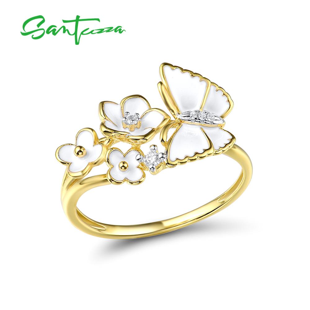 Santuzza Zilveren Ringen Voor Vrouwen Echt 925 Sterling Zilveren Delicate Witte Bloem Vlinder Trendy Fijne Sieraden Handgemaakte Emaille