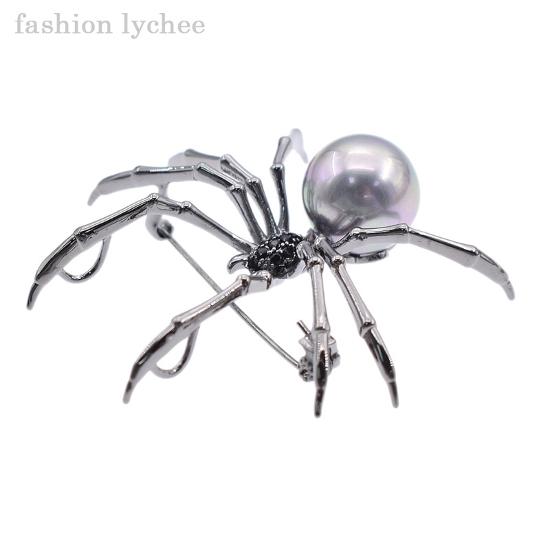 lychee exagerados antiguos broches de Color plata Pins perlas artificiales cuerpo pavimentar la cabeza araña mujeres Pins