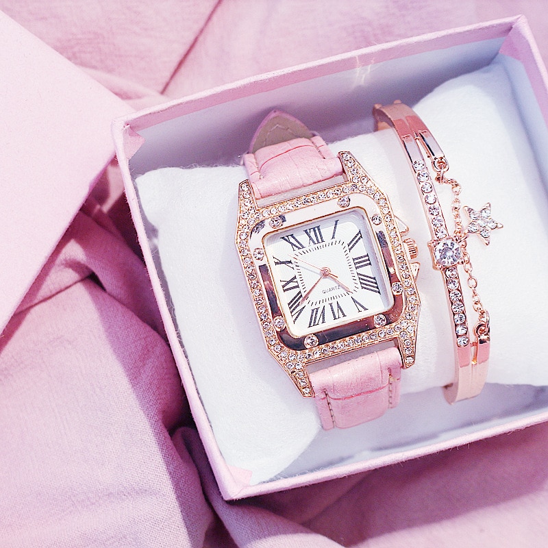 Vrouwen Diamanten Horloge Starry Luxe Armband Set Horloges Dames Casual Lederen Band Quartz Horloge Zegarek Damski