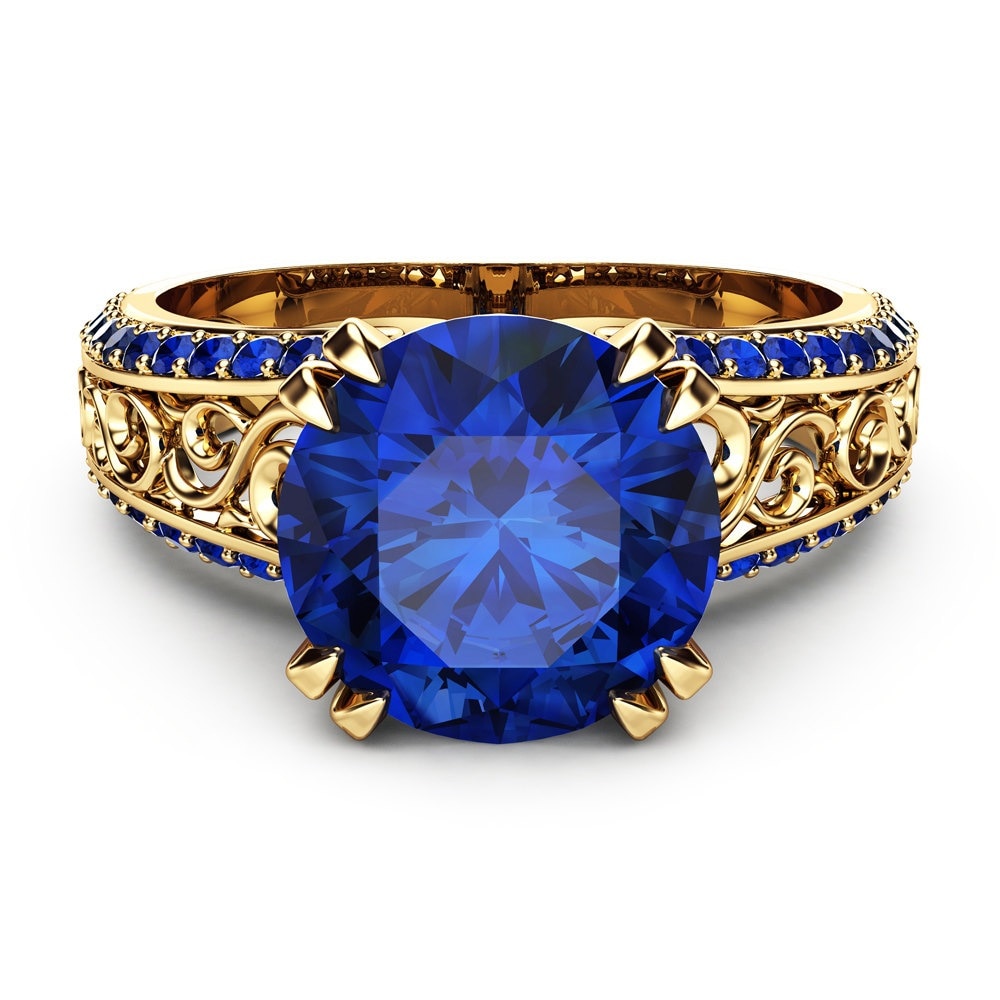 Anel de safira azul com flor de 14k, dourado, diamante, bizutérias, peridot, pedra preciosa, rubi 1carat e anéis com manchas para mulheres