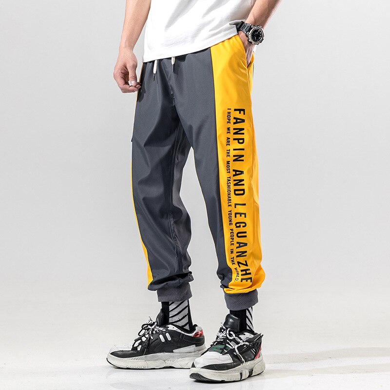 Men Side Striped Joggers Mens Japanese Streetwear Patchwork Sweatpants Male Hip Hop Track Pants Yellow Trousers