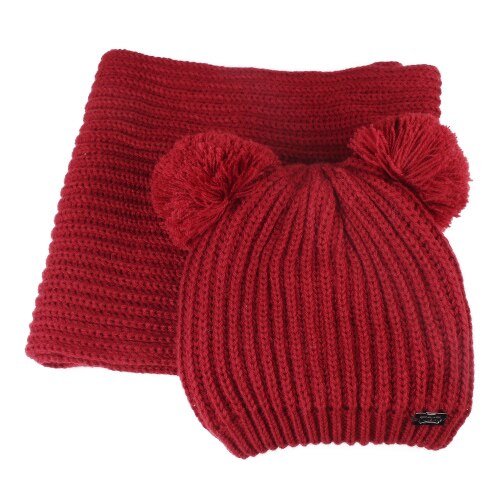 Furtalk lasten talvihattu ja huivisetti lapsille lämmin talvi kaksinkertainen pom pom hattu poikavauva tytöt fleece neulottu pipo hattu ja huivi: Viininpunainen