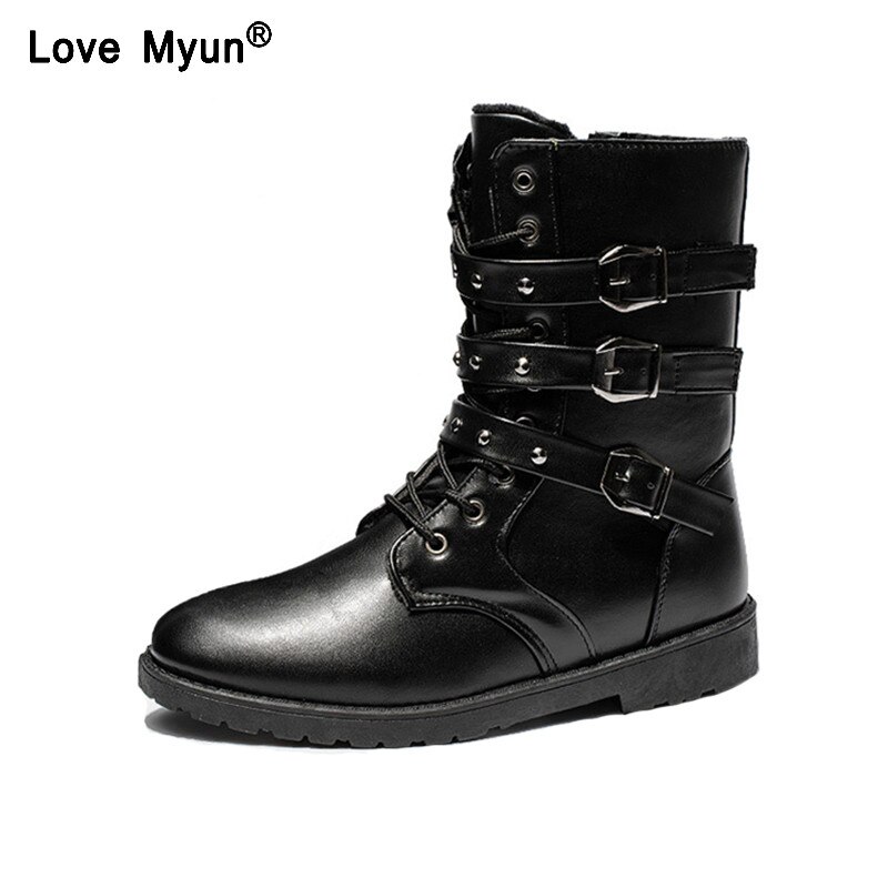 Winter stoere heren laarzen plat met bont motorlaarzen heren top metalen gesp veterschoenen halfhoge koppels 466: 8.5