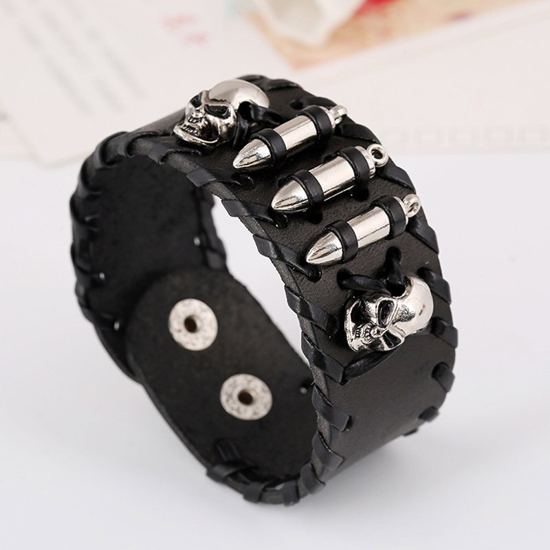 Mens Braccialetto di Cuoio Nero largo Braccialetti A Fili Multipli E braccialetti musica rock Testa Del Cranio E proiettili Argento Placcato Palline di Fascino Dei Monili Delle Donne