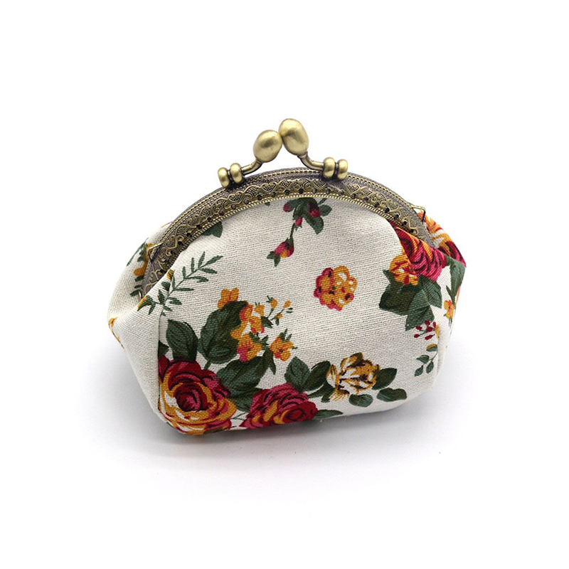 Women's vintage rose print canvas coin purse, kiss lock clip fabric purse card bag storage bag: WHITE
