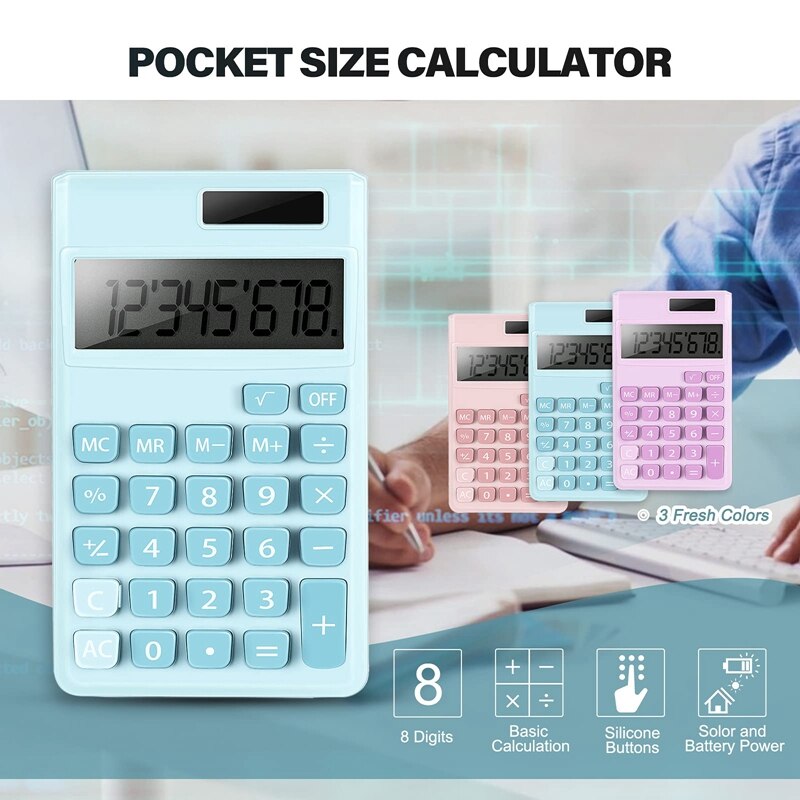 3Pcs Mini Rekenmachine Zakformaat Calculator Elektrische Digitale Desktop Rekenmachine Met 8-Cijferig Lcd Display