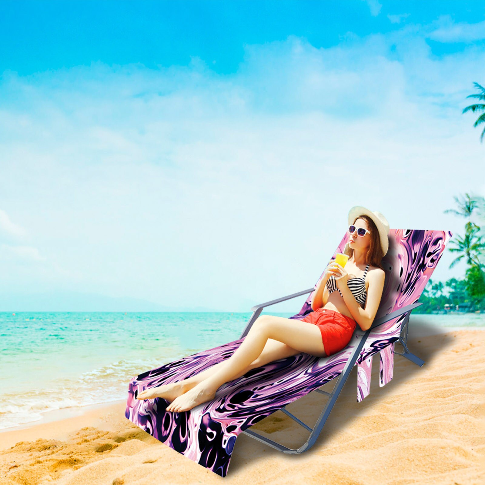 Ocean Series Recliner Cover With Side Pocket Soft Microfiber Sling Chair Summer Beach Towel Sunbathing Lounger Towel