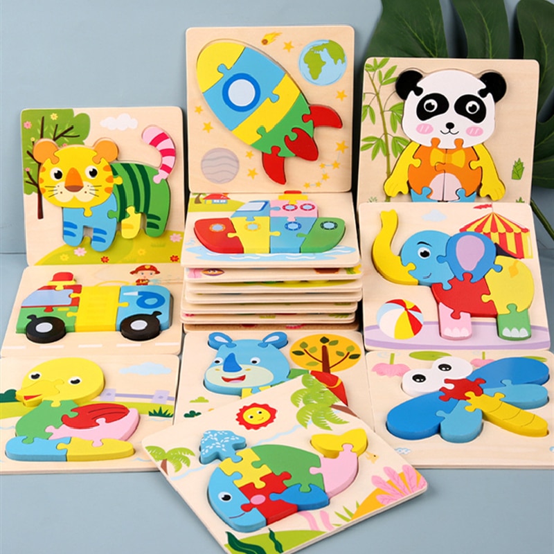 3D Wooden Puzzle Jigsaw Toys For Children Wood 3d Cartoon Animal Puzzles Intelligence Kids Early Educational Toys for children