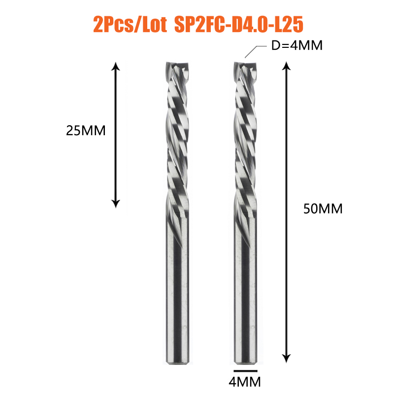 2PCS/LOT Compression Milling Cutter Woodwork UP&amp;DOWN Cut Two Flute Spiral Carbide Milling Tool CNC Router Bits Wood End Mill: 2PC-SP2FC-D4.0-L25