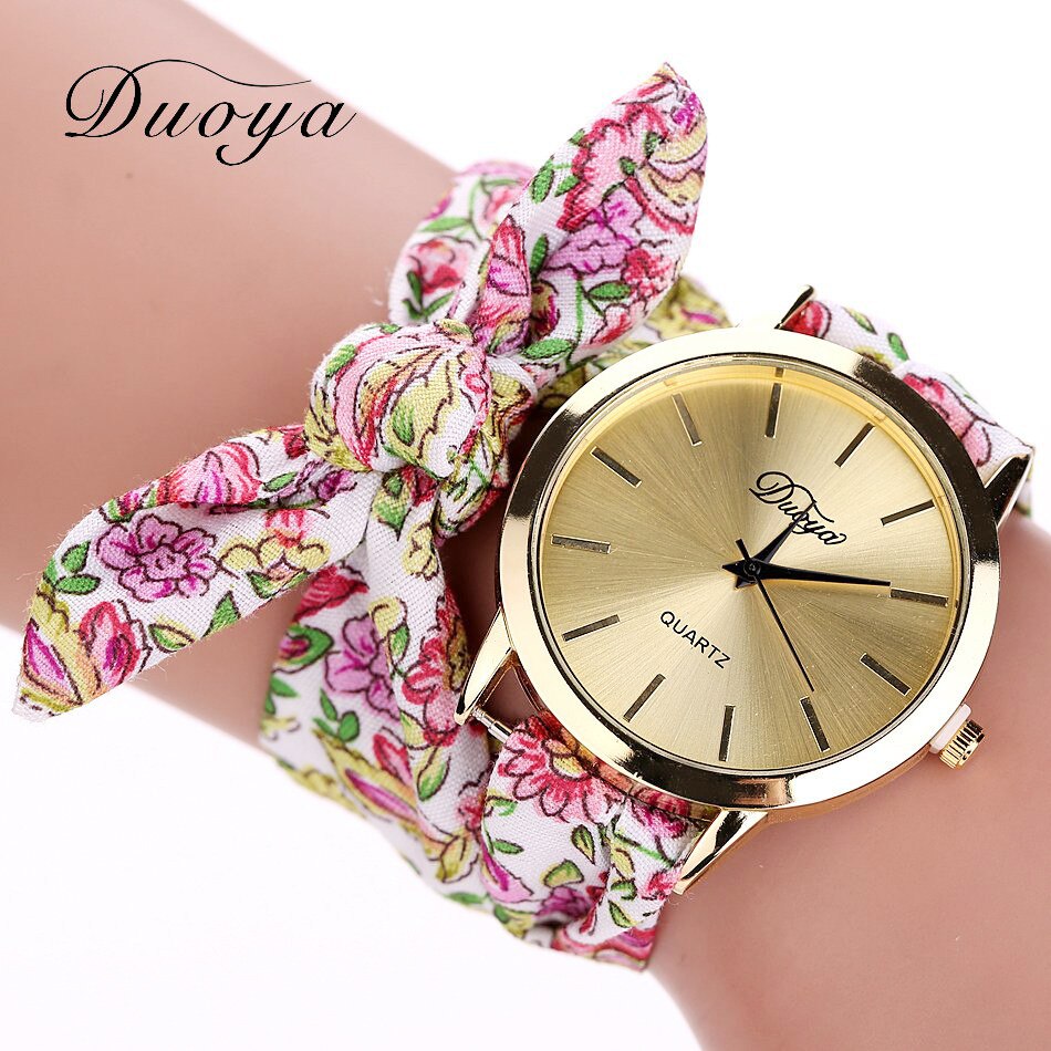 Women Watches Ribbon Floral Cloth Quartz Girl Dial Wristwatch Bracelet Bow Tie Relogio Feminino Zegarek Damski: Watermelon red