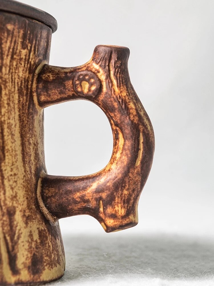 Handmade stoneware coffee mugs cup household coffee mugs with handles retro art garland cup Japanese tree stump-shape