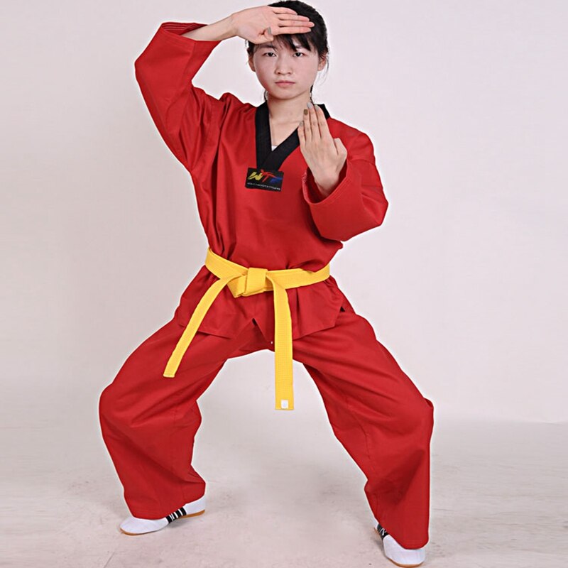 Sort rød taekwondo uniform gi wtf dobok 7.5 oz.  elastisk løbegang medium vægt uniform: Rød / L