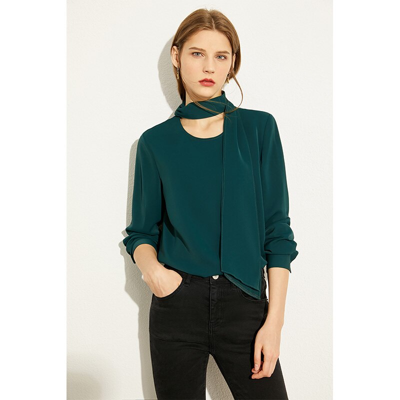 Amii-Blusa holgada informal con cuello redondo para otoño, Camisa lisa con cinturón para mujer, 12030268