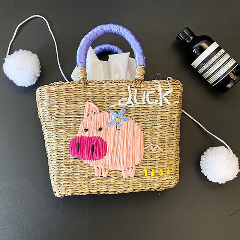 Sommar liten väska semester handbroderad mini handgjord stråväska crossbody semesterväska: Liten blå