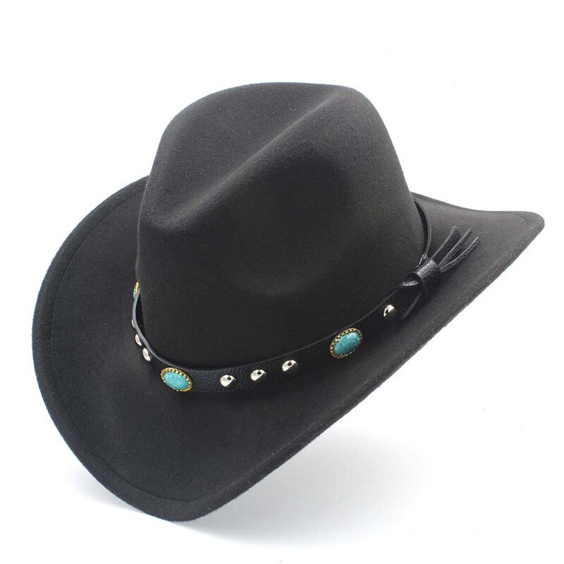 Kvinder mænd uld hul western cowboyhat gentleman filt cowgirl jazz ridesport sombrero kasket str. 56-58cm s35: Sort