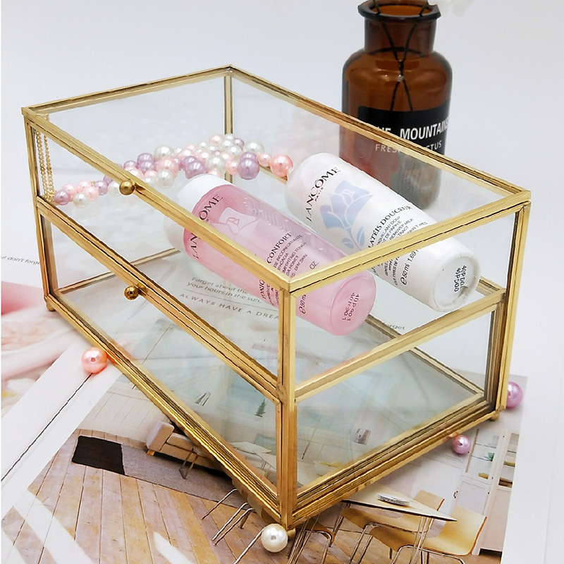 Vintage Glass Cosmetic Storage Box Drawer Organizer Desktop Dust Proof Cotton Swab Tissue Box Dressing Table Shelf Decor Holder