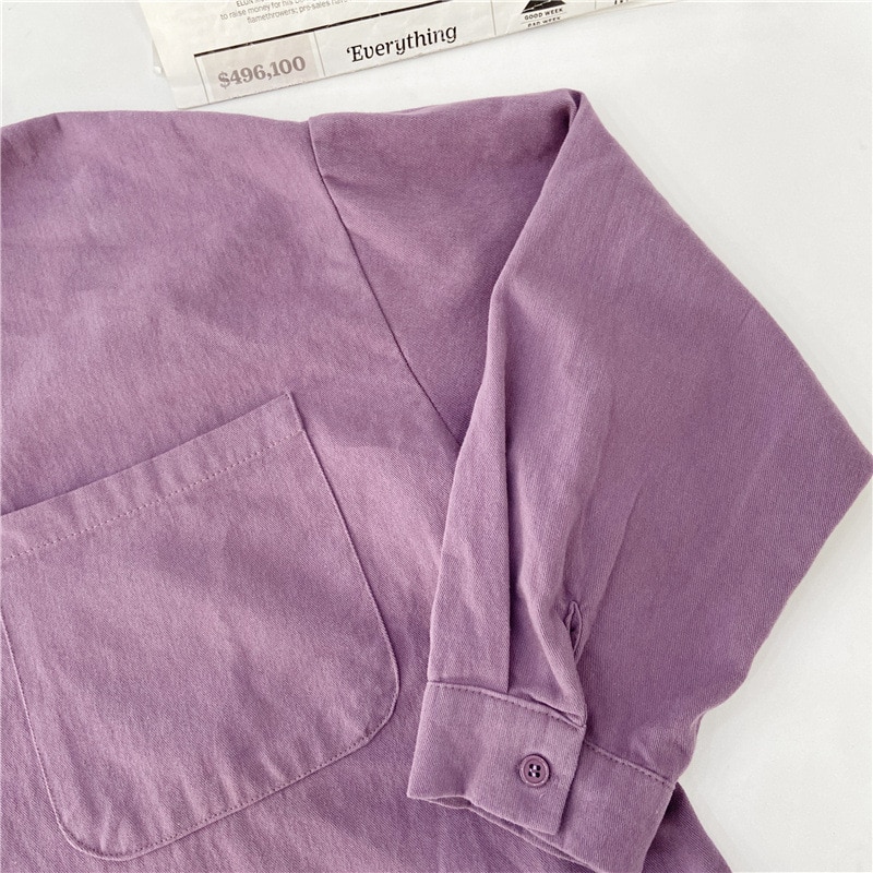 HSA Women Pure Cotton Blouses Trun Down Collar Solid Color Oversized Pocket Blusa Female Shirts Blue Spring Blusas