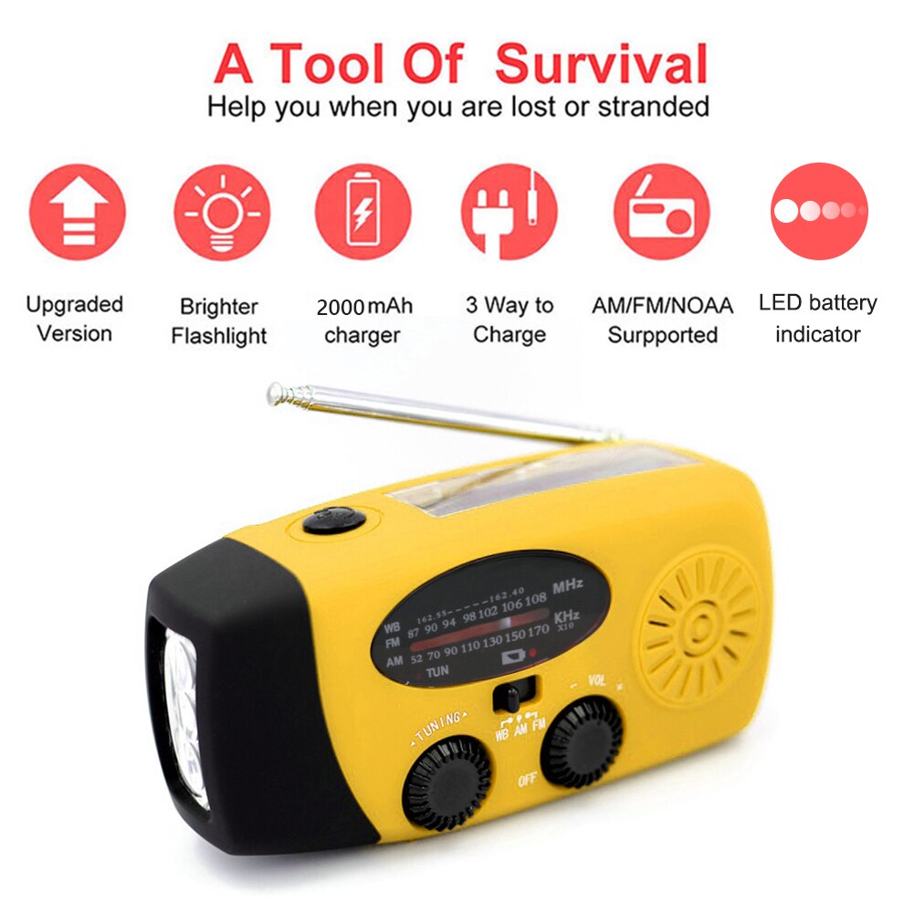 Multifunctional Hand radio Solar Crank Dynamo Powered AM/FM/NOAA Weather Radio Use Emergency LED Flashlight Power Bank solar: A Yellow