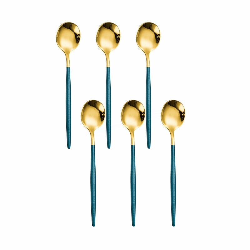 6Pcs Black Silver Cutlery Set Stainless Steel Tea Spoons Dinnerware Set Kitchen Flatware Silverware Tableware Set Eco Friendly: mgreen gold 6pcs