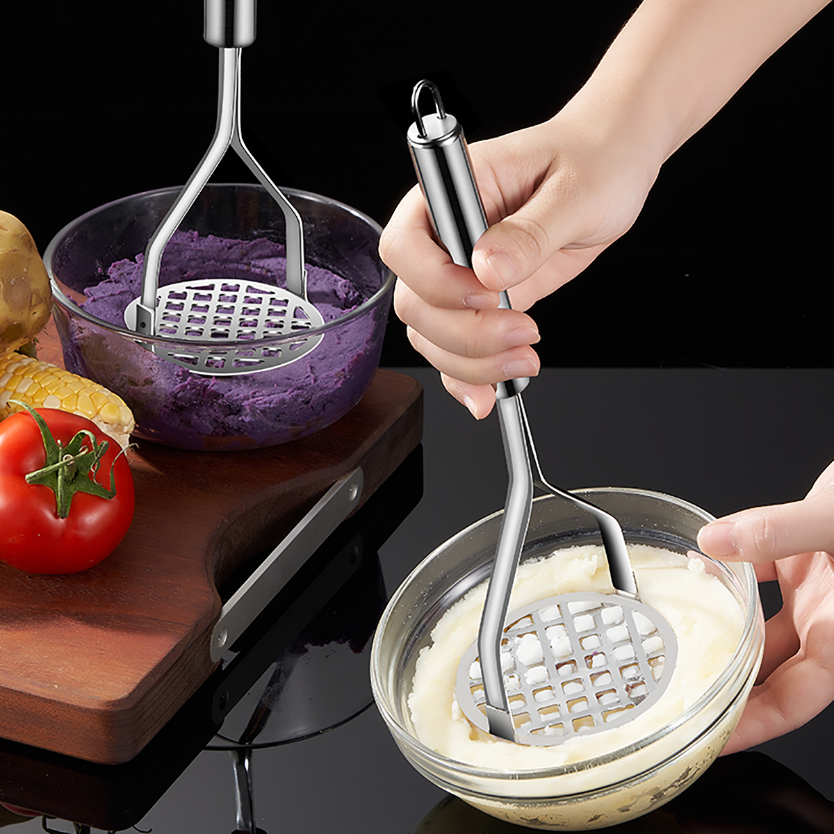 Edelstahl Kartoffelstampfer Ricers Stampfer Püree Lila Süße Potata Kürbis Reibe Hersteller Werkzeuge Brecher Küchenzubehör