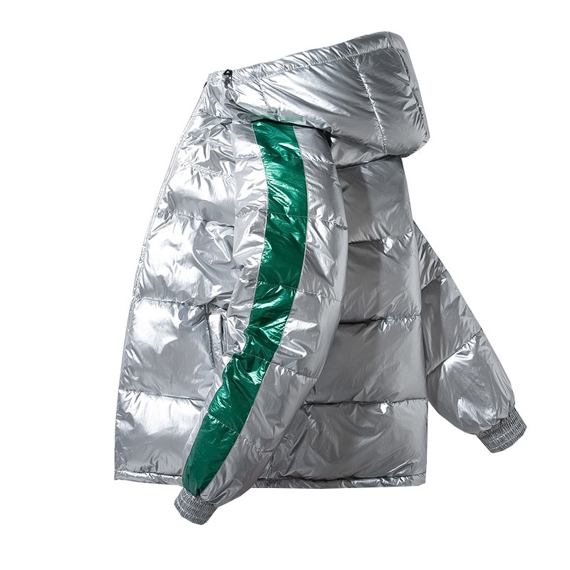 Vinter män jacka tjock varma parka jackor silver ljus glänsande bröd kappa ung huva tjock jacka ytterkläder  ,ga517