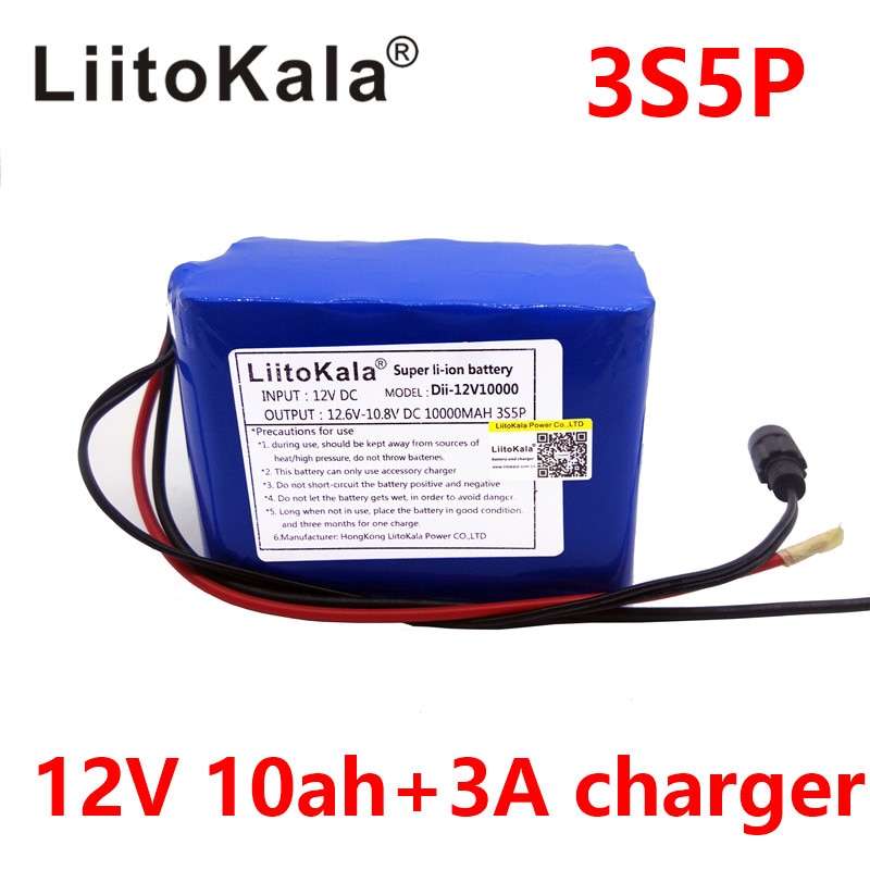 LiitoKala Grote capaciteit 12 V 10Ah 18650 lithium batterij bescherming boord 12.6 v 10000 mah capaciteit + 12 V 3A batterij Oplader