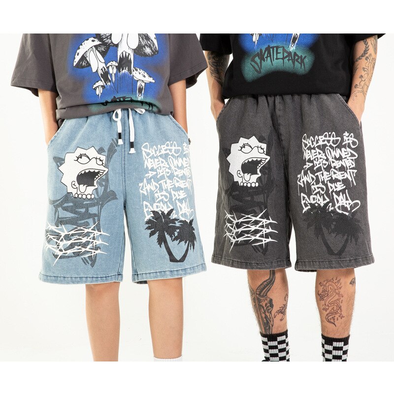 Hip Hop Denim Shorts Streetwear Paint Cartoon Letter Jeans Shorts Men Harajuku Cotton Summer Harajuku Short Pant WO292