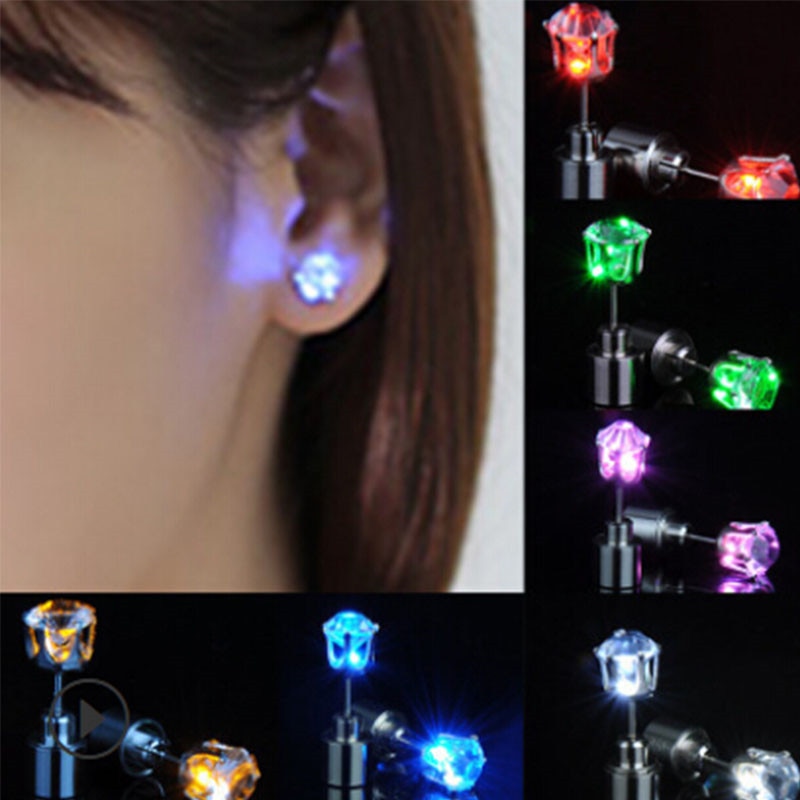 Colorful Hipster Led Earrings With Flashing Luminous Studs Gemstone Women Men Led Grow Light Up Bright Dance Earring
