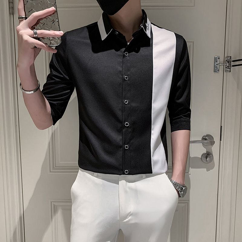 Patchwork Color Half Sleeve Men Casual Shirts Dress Streetwear Spring Summer Slim Fit Club Tuxedo Camisas De Hombre: Black / Asian L 52-60KG