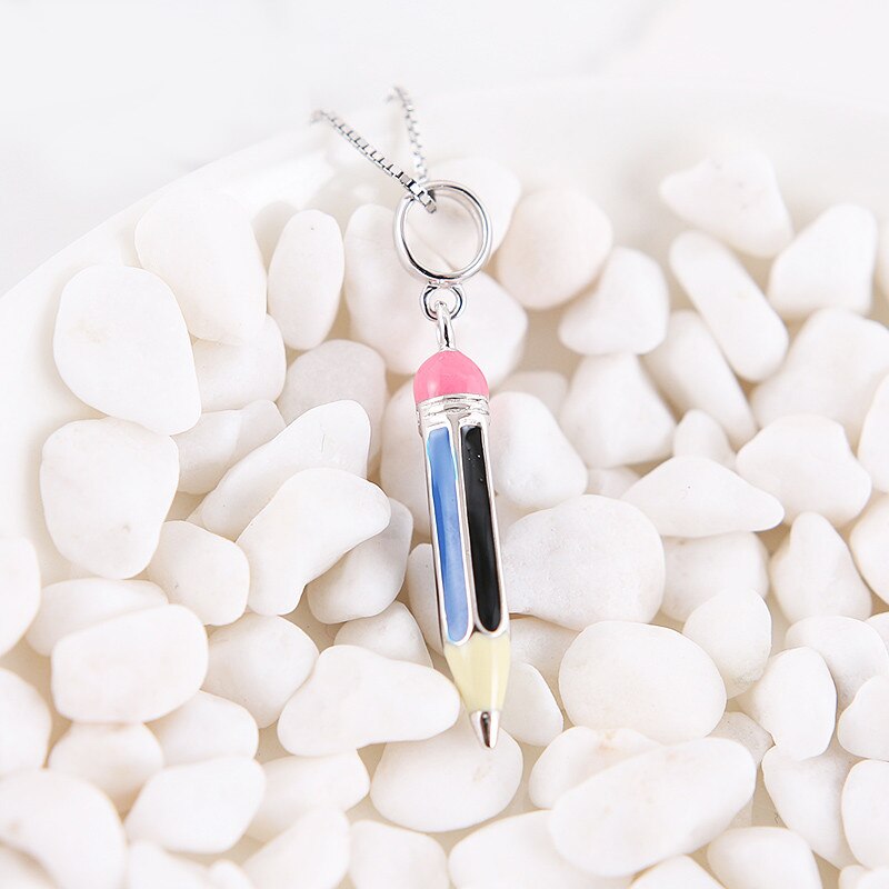 Authentieke 100% 925 Sterling Silver Bead Charm Potlood School Hanger Email Charmes Fit Armbanden Vrouwen Diy Sieraden: Blauw