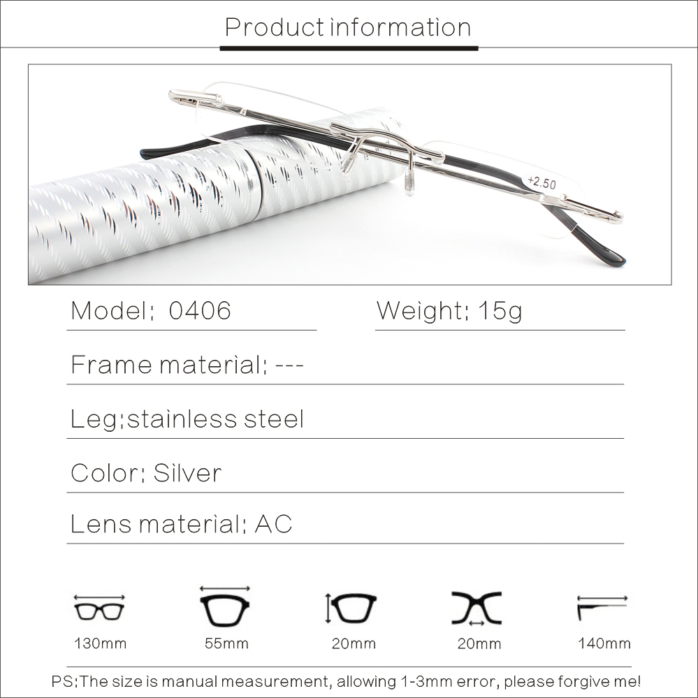Buis Recept Bril Heren Leesbril Dames Heren Bril Frameloze Lente Scharnieren Frame Metallic Met Case