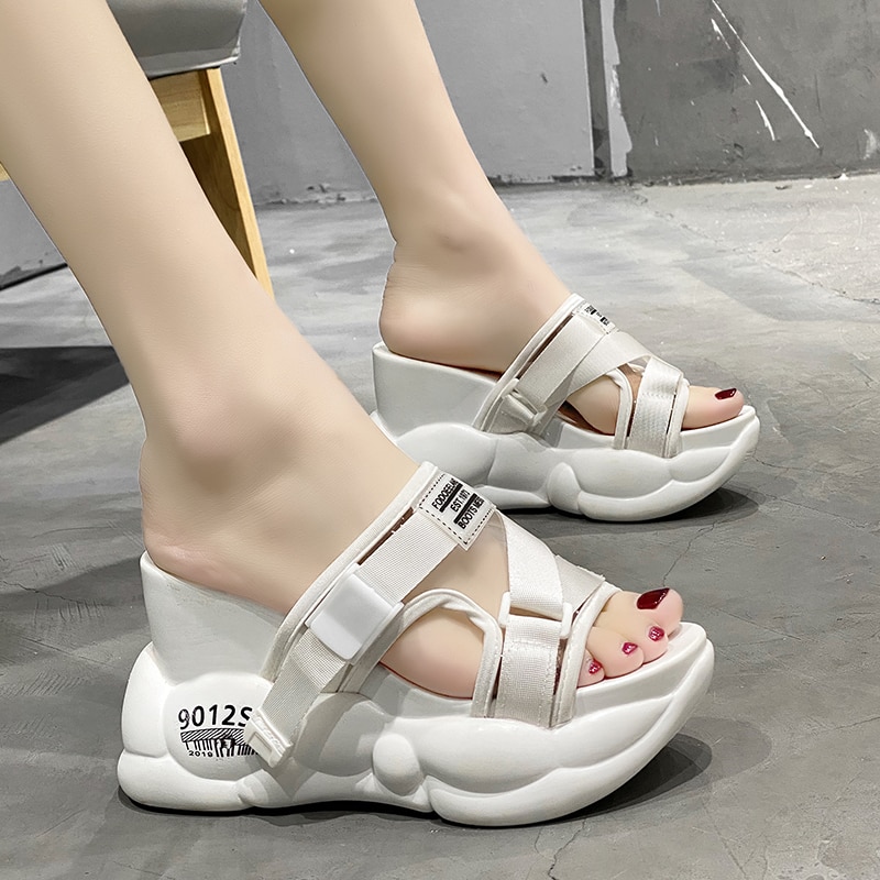 10cm/3.9 inch Height Wedge Slides Thick Bottom Sandals Chunky Shoes For Ladies Summer Outdoor Wear