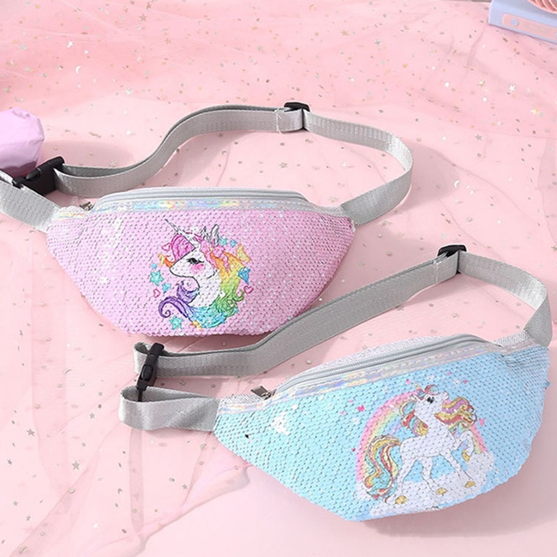Kids Sequins Printing Unicorn Waist Bag For Women Fanny Packs Girls Shoulder Bag Travel Mobile Phone Bags