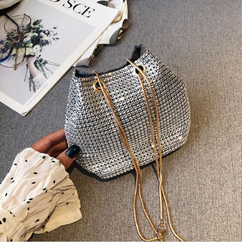 Sac à main en forme de seau pour femmes, nouvelle de soirée, , à bandoulière, plein de strass brillants, Mini sac à épaule