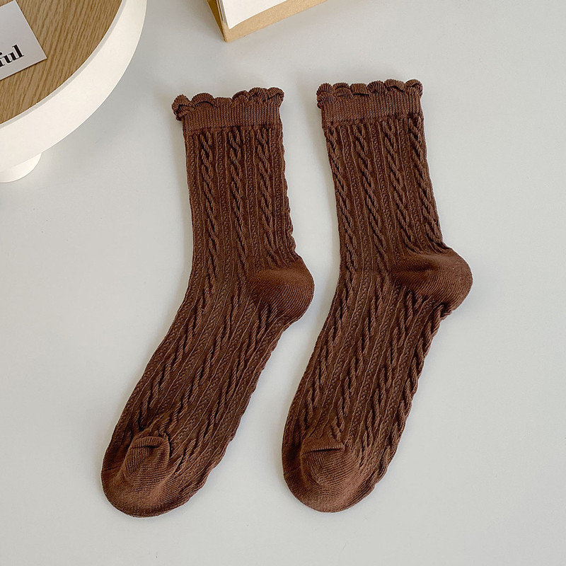 Calcetines de algodón de estilo japonés para mujer, calcetín con volantes, Color liso, negro y blanco, coreana: coffee