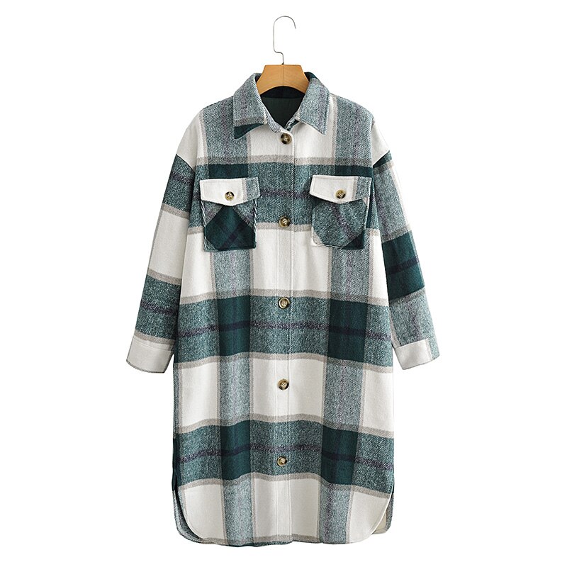 Tangada, Otoño Invierno , chaqueta de abrigo largo a cuadros verde para mujer, abrigo informal cálido, abrigos largos de AI35: green / L