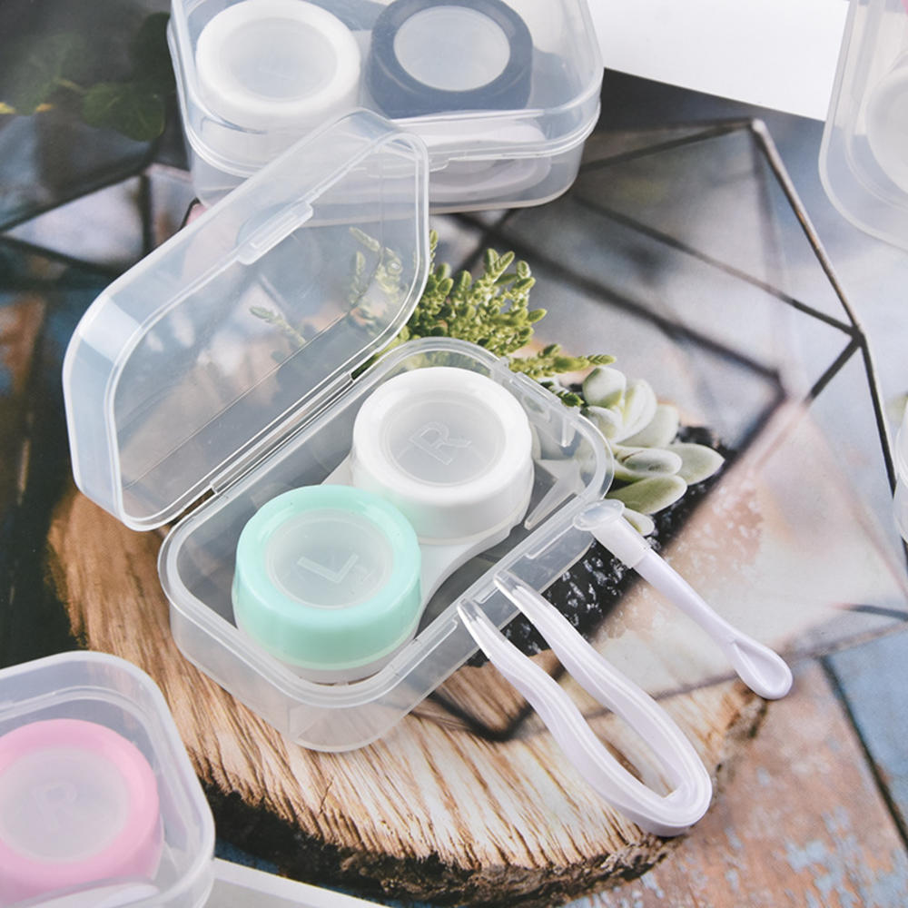 Frostat gummifärg fyrkantigt kontaktlinsfodral med spegel unisex kontaktlinsbehållare resesats lådtillbehör