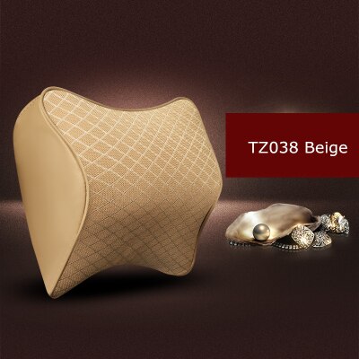 1PCS cute car seat headrest pillow leather solid for the neck rest waist back lumbar support cushion set auto pillow memory foam: TZ038 Beige