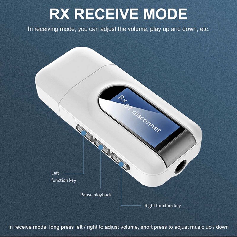 LCD Screen Display Bluetooth 5.0 Adapter Bluetooth Transmitter Receiver 2 IN 1 Wireless Audio 3.5mm USB AUX